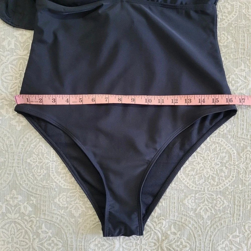 Sporlike Black One‎ Shoulder Ruffle One Piece Swimsuit Gold V Detail Size L